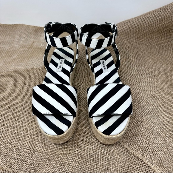 MIU MIU Black and White Striped Canvas Platform Espadrilles Wedges - Picture 2 of 10